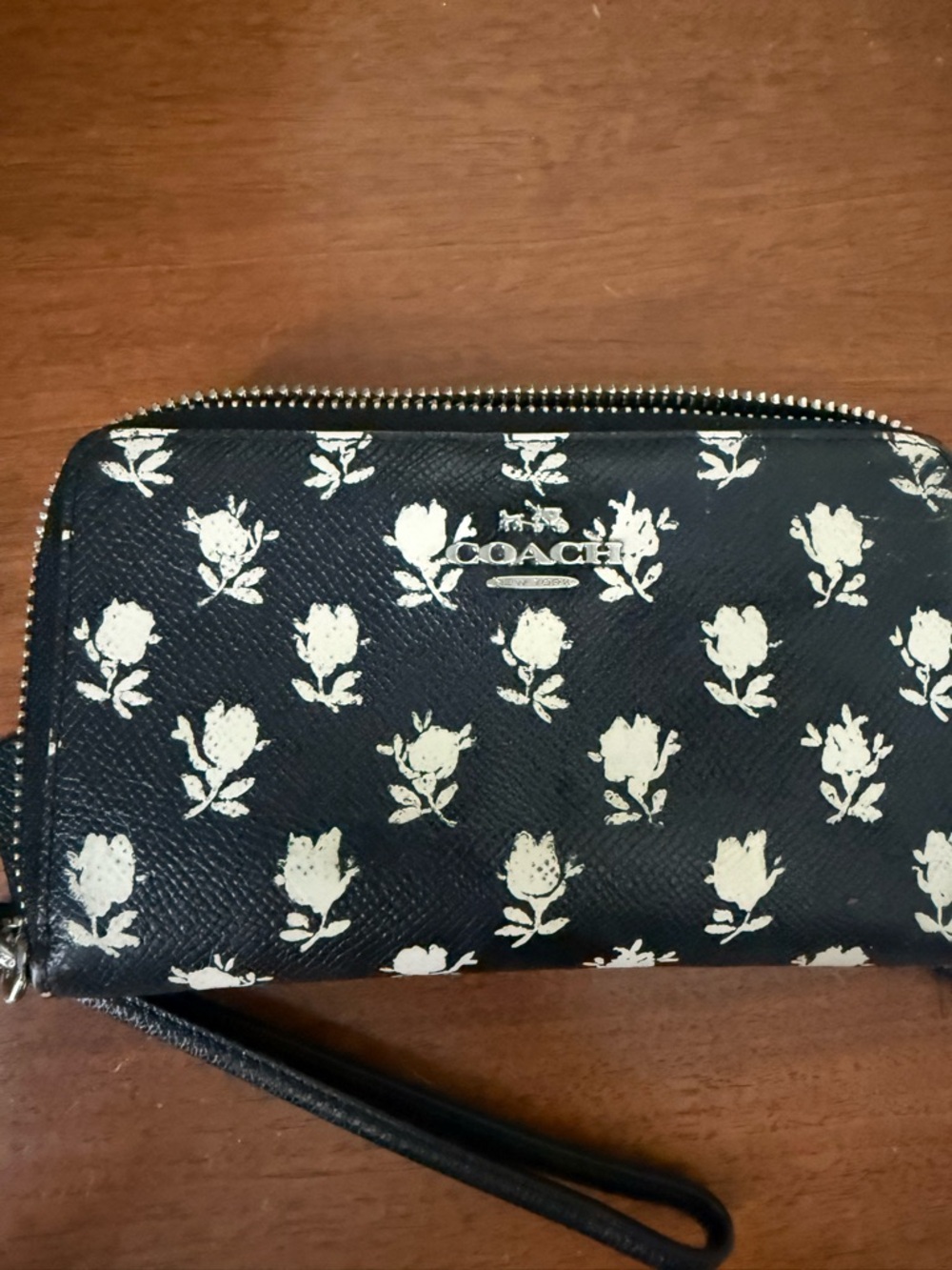 Coach Black and Cream Floral Zip Wristlet